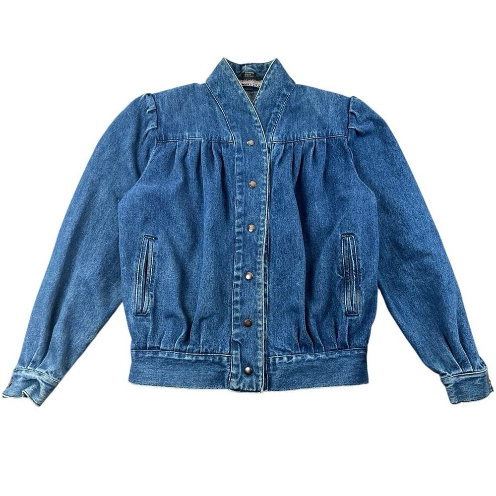 Vintage 80s/90s Bramble Lane Denim Bomber Jacket Puff Sleeve Smocked Waist - M